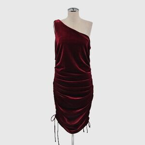 House‎ of Harlow Velvet One Shoulder Dress Size L Holiday Ruched Side Garnet Red